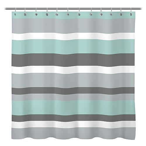 Sunlit Aqua Blue Gray Horizontal Stripes Water-Repellent Fabric Shower Curtain Set with Reinforced Metal Grommets and Rings Refreshing Striped Design Mildew Resistant Polyester Bathroom Decor