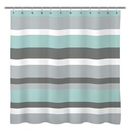 Sunlit Aqua Blue Gray Horizontal Stripes Water-Repellent Fabric Shower Curtain Set with Reinforced Metal Grommets and Rings Refreshing Striped Design Mildew Resistant Polyester Bathroom Decor