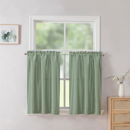 Chyhomenyc Uptown 2 PCS Light Sage Green Short Curtains 24 inch Length, Light Filtering Faux Silk Slub Fabric Cafe Curtains for Bathroom Bedroom Small Windows, 30Wx24L inch, 2 Pieces