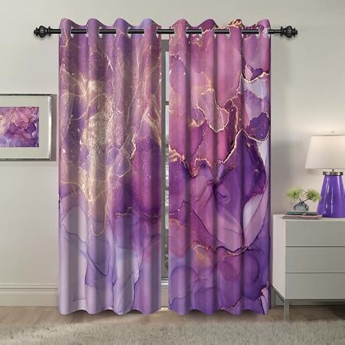 "Purple Gold Print Marble Blackout Curtains 63 inches Long,2 Panel 21""Wx63""L - Room Darkening Window Curtains,Polyester Thermal Insulated Drapes,Grommet Window Drapes,for Bedroom Living Room Dining Room"