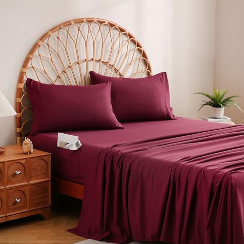 JSD Burgundy Queen Size Sheet Set with Side Storage Pocket, 4 Piece Soft Brushed Microfiber Bed Sheets 16 inch Extra Deep Pocket