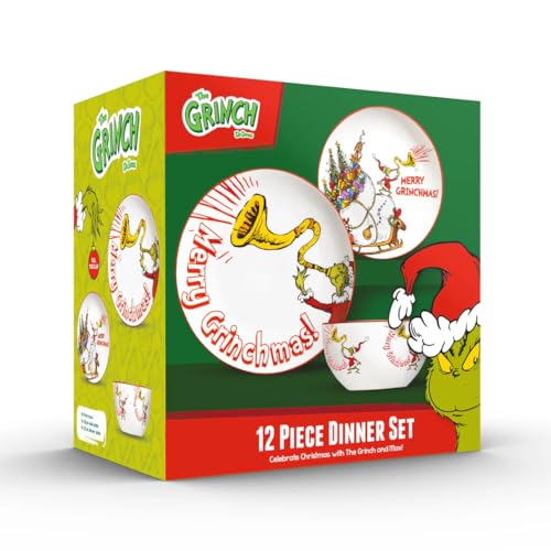 The Grinch??? Merry Grinchmas 12-Piece Porcelain Dinner Set, 27cm Dinner Plates, 20cm Side Plates, 14cm Bowls, Christmas Collection, Microwave and Dishwasher Safe, Green