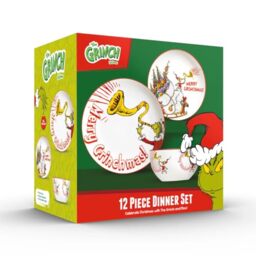 The Grinch??? Merry Grinchmas 12-Piece Porcelain Dinner Set, 27cm Dinner Plates, 20cm Side Plates, 14cm Bowls, Christmas Collection, Microwave and Dishwasher Safe, Green