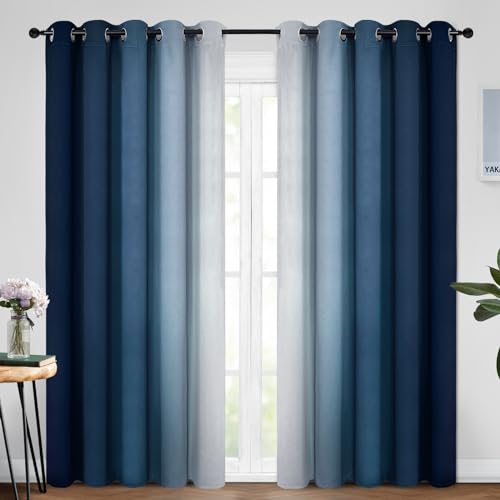 Yakamok Blue Ombre Curtains Room Darkening Grommet Curtains for Bedroom, Light Blocking Thermal Insulated Window Drapes for Living Room(2 Panels, 62x96 Inch)