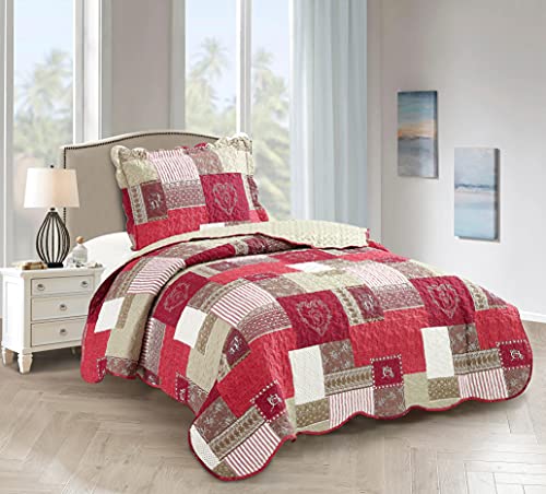 Brilliant Sunshine Burgundy Heart Love, Floral and Lace Patchwork, 2-Piece Quilt Set with 1 Sham, Reversible Bedspread, Soft Lightweight Coverlet, All-Season, Twin, Burgundy