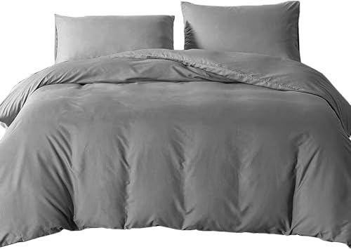 Single Duvet Bedding Cover Set Duvet Cover with 2pcs Pillowcases Soft Microfibre Polyester Duvet Cover Sets (Dark Grey)