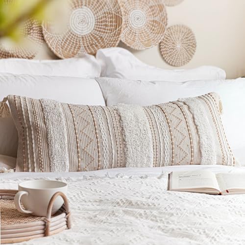 BlissBlush Cream Decorative Lumbar Throw Pillow Cover 14x36 Boho Long Cushion for Bed Neutral Beige White Accent Farmhouse Pillowcase for Bedroom Living Room Couch Sofa Home Décor Cover ONLY