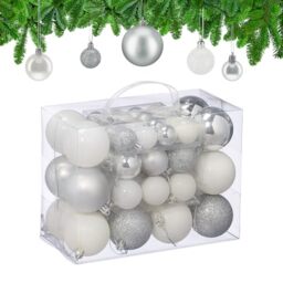 Relaxdays Christmas Baubles, Set of 50, Tree Ornaments, 3, 4 & 6 cm, Decorations, Glittery, Matte & Shiny, Silver/White