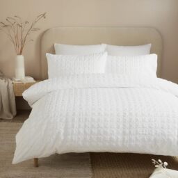 Serene Duvet Cover Set, Embossed Grid Pattern, 100% Recycled Polyester, King Size 230x220cm, White, Button Closure, 2 Pillowcases