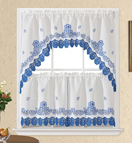 "GOHD Lace Rosarium 3pcs Kitchen Curtains,with Rose Embroidery.Blue,22"""