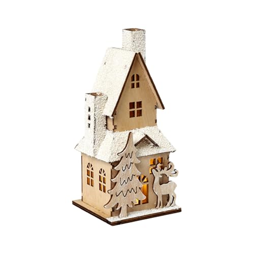 HEITMANN DECO Decorative Wooden House with LED Lighting - Natural Wood with Snowy Roof - Christmas Decoration, 9 x 9 x 20 cm, Natural