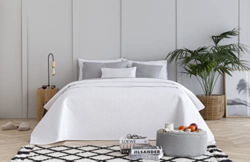 Todocama Fine Boutique Bedspread with Diamond Design, for Spring, Summer, Autumn and Winter, 100% Extra Soft Microfibre, Multi-purpose Bed Cover, 80/90 – 180 x 260 cm, White