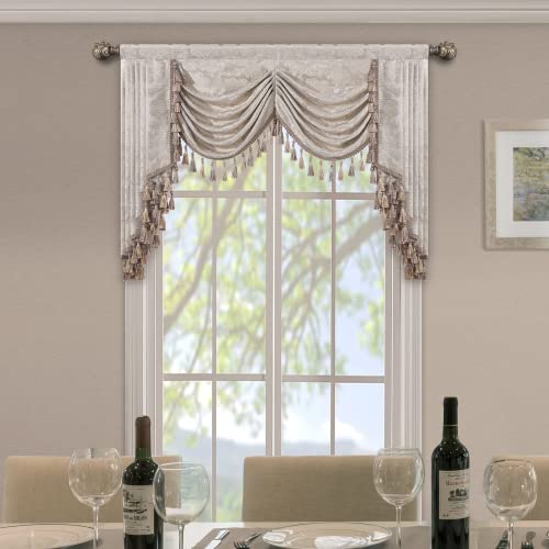 Loom and Mill Luxury Jacquard Waterfall Valance for Living Room, Floral Damask Swag Window Valances with Multi-Tassels, Elegant Swag Curtains for Bedroom Holiday Banquet Decor(W59, Light Taupe+Gold)