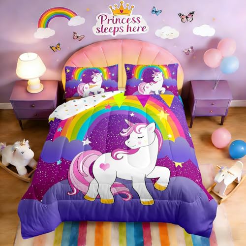 Girls Kawaii Cute Unicorn Print Bedding Set - Cartoon Horse Bedding, Children Galaxy Stars Magical Unicorn Animal Down Comforter +2 Pillowcases, Reversible Lightweight Purple