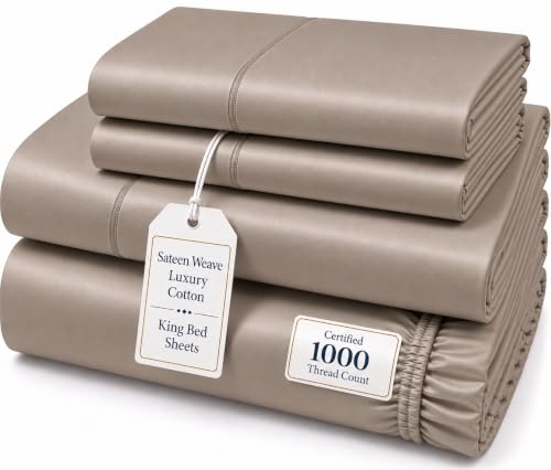 "100% Cotton King Size Bed Sheets - 1000 Thread Count, 5-Star Luxury Hotel Quality, Soft Sateen Weave, 15"" Deep Pocket - Taupe"