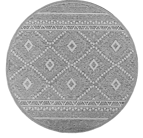 Mia's Adora Modern Rug, Boho Style, Suitable for Indoor and Outdoor Use, Especially Flat, Ideal for Kitchen and Dining Room, But Also for Balcony or Patio, Design 2, 95 Grey, 120 cm Round