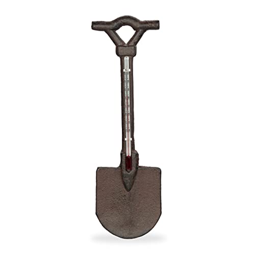 Relaxdays Thermometer, Spade, Outdoor, Garden, Decoration, Read Temperature, Wall Ornament, Decor, HxW: 30 x 9 cm, Brown
