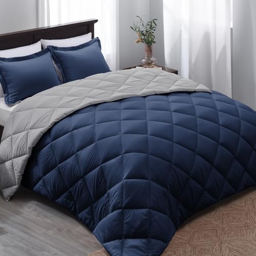 "Basic Beyond Queen Comforter Set - Navy Blue Comforter Set Queen Size, Reversible Bed Comforter Queen Set for All Seasons, Navy/Grey, 1 Comforter (88""x92"") and 2 Pillow Shams (20""x26""+2"")"