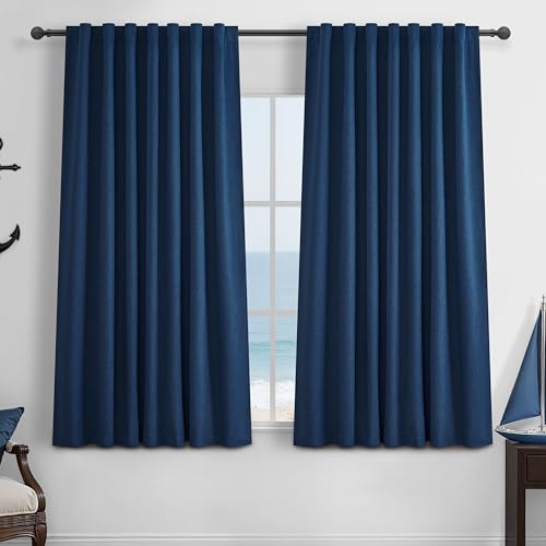 "Navy Blue 100% Blackout Curtains 45 Inches Long 2 Panels Set, Kids/Boys Rooms Short Linen Drapes for 46 Inch Small Window Kitchen Bathroom Thermal Insulated Textured Hook Belt(W50""xL45"" Dark Blue)"