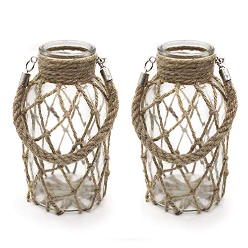 "Funsoba Rustic Hanging Mason Nautical Jar Rope Net Dry Flower Glass Vase with Handle Pack of 2 (2 Vase 8"")"