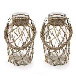 "Funsoba Rustic Hanging Mason Nautical Jar Rope Net Dry Flower Glass Vase with Handle Pack of 2 (2 Vase 8"")"