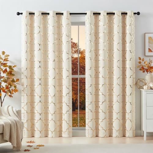 "Purainbow Beige Blackout Curtains for Bedroom Living Room with Gold Foil Print Panels Room Darkening Energy Saving Grommet 95% Blackout Drapes for Patio Hall Studio, 2 Panels, 52"" Wx63 L"