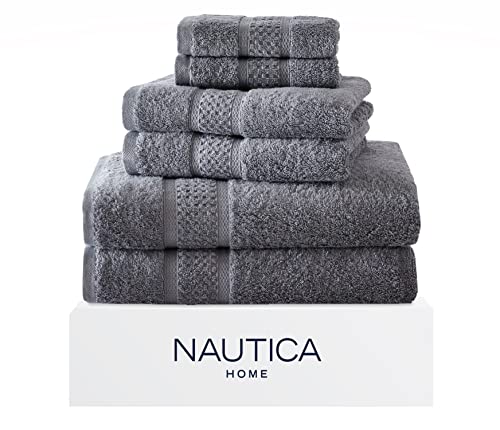 Nautica - Bath Towels, 100% Soft & Absorbent Cotton Towels, Fade Resistant and Zero Twist Construction, Medium Weight Bathroom Towels (Oceane Grey, 6 Piece)