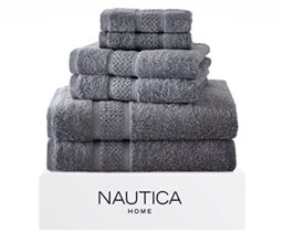 Nautica - Bath Towels, 100% Soft & Absorbent Cotton Towels, Fade Resistant and Zero Twist Construction, Medium Weight Bathroom Towels (Oceane Grey, 6 Piece)