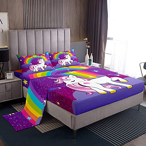Erosebridal Unicorn Sheets Twin Size Girls Bedding Set Cute Rainbow Unicorn Print Sheet Set Kids Cartoon Kawaii Fitted Sheet Galaxy Stars Fantasy Girls Room Decor Children Purple Flat Sheet