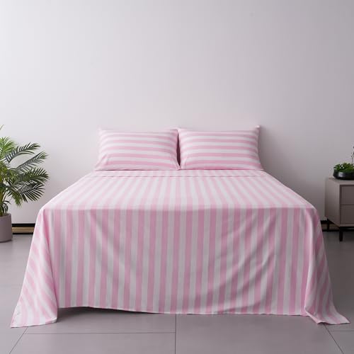 Best Season Queen Size Sheet Set 4 Piece -Pinstripe Microfiber Soft Durable Bedding Sheet Set,Deep Pocket,Stain,Fade & Wrinkle Resistant (Stripe Pink&White)