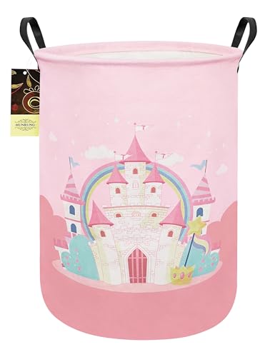 HUNRUNG Round Fabric Collapsible Storage Basket with Handles, Pink Castle - Waterproof round laundry bin with reinforced handles, collapsible storage for bedroom, bathroom, closet