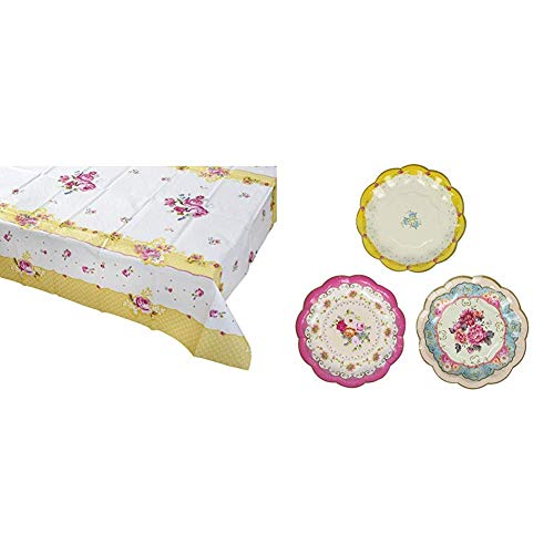 "Talking Tables Truly Scrumptious Tea Party Floral Table Cover Rectangular, Paper, Pink and Yellow, 180 x 120cm, 70"" x 47"" & Pack of 12 (17cm) Disposable Tea Party Vintage Floral Pretty Paper Plates"