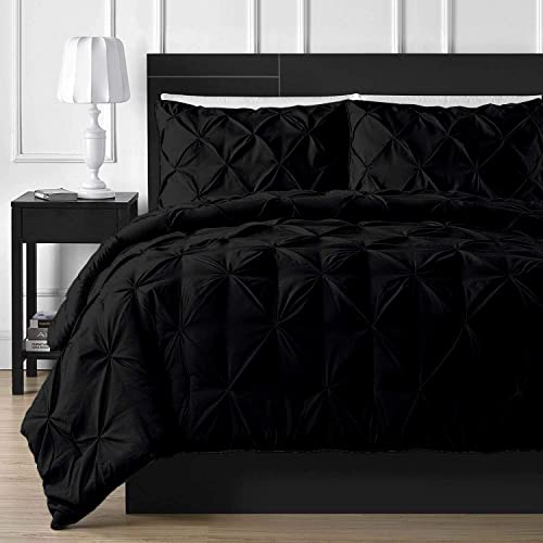 Crown Collection 1000-TC Ultra Soft Design 100% Egyptian Cotton Pinch Plated Duvet Cover with Zipper Colser & 2pcs Pillow Case Set (Oversized King Plus 128 X 120, Black)