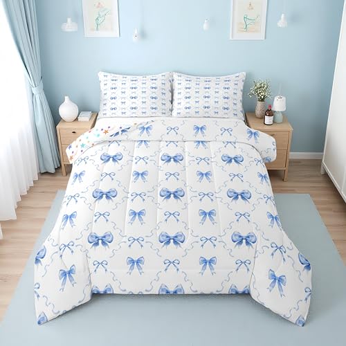 Erosebridal Blue and White Bow King Comforter Set for Girls - Cute Blue Ribbon Bow Tie Bedding Set for Kids Women, Coquette Bowknot Quilt, Princess Bows Bedroom Decor, 2 Pillowcases