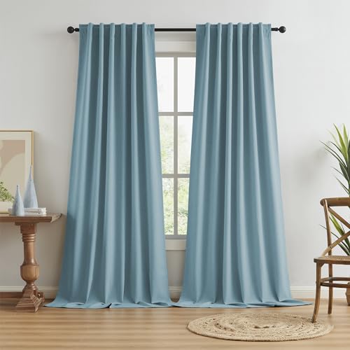 KEQIAOSUOCAI Extra Long 120 Inch Full Blackout Curtains for Large Window, Linen Textured Back Tab Hook Belt Pleated Tall Drapes for Living Room Dining 2 Panels Set, 50 Wide, 10 FT, Dusty Stone Blue