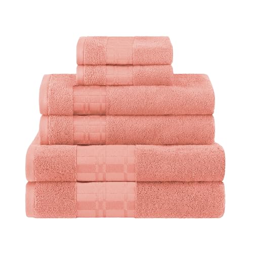 Superior 6-Piece Cotton Towel Set, Geometric Design, Dobby Border, Plush Quick Dry Towels, Decorative Bathroom, Spa, Includes 2 Bath, 2 Hand, 2 Face Towels/Washcloth, Larissa Collection, Coral