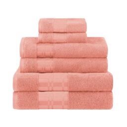 Superior 6-Piece Cotton Towel Set, Geometric Design, Dobby Border, Plush Quick Dry Towels, Decorative Bathroom, Spa, Includes 2 Bath, 2 Hand, 2 Face Towels/Washcloth, Larissa Collection, Coral