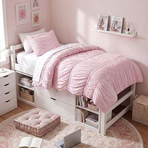 Intelligent Design Twin Comforter Set Ruched Shabby Chic Comforters for Twin Size Bed, All Season Lightweight Comforter Twin, French Country Bedding Set, Sham, Ella, Twin/Twin XL Pink, 2 Piece