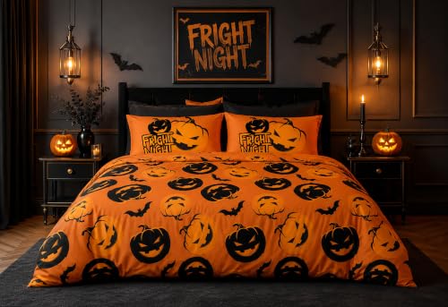 GC GAVENO CAVAILIA Halloween Duvet Cover Single With Pillow Cover, Multi - Breathable, Lightweight Polyester Spooky Duvet Cover Set - Pumpkin Halloween Bedding Reversible Quilt Cover Single, 135x200cm