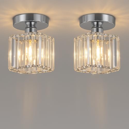 LEDSone 2 Pack Crystal Ceiling Light, Modern Chrome Flush Mount Chandelier with Glass Shade for Living Room, Hallway, Bedroom, Resturant