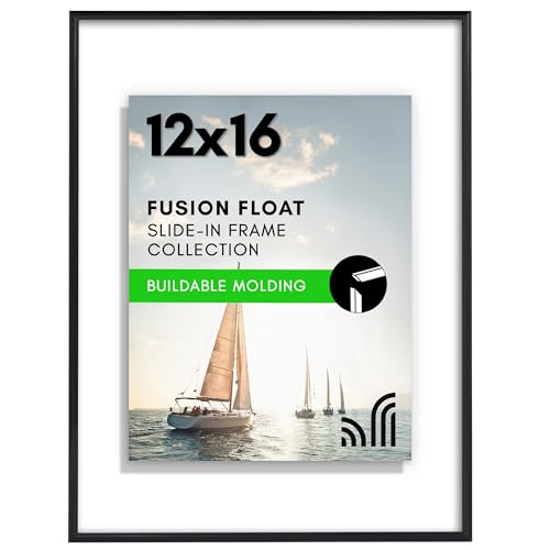 Americanflat 12x16 Floating Picture Frame with Shatter-Resistant Glass - Fits 9x12 Photos or Smaller- Slide-in Photo Frame - Fusion Float Collection - Floating Frame for Wall Display - Black
