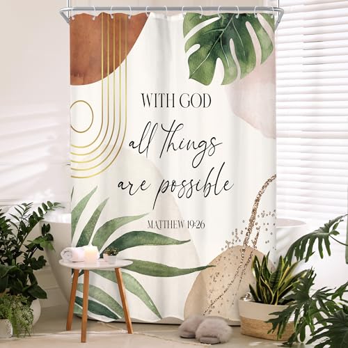Glawry Boho Bible Verse Shower Curtain Stall RV Narrow Bathroom Curtain Set - Small Inspirational Scriptures Quotes Palm Leaf Abstract Mid Century 48Wx72L Bathroom Decor Waterproof Fabric with Free Hooks