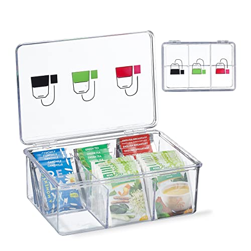 Relaxdays Tea Box, Plastic, 6 Compartments, Organiser, Hinged Lid, 9 x 21.5 x 15 cm, Caddy, Teabag Storage, Transparent