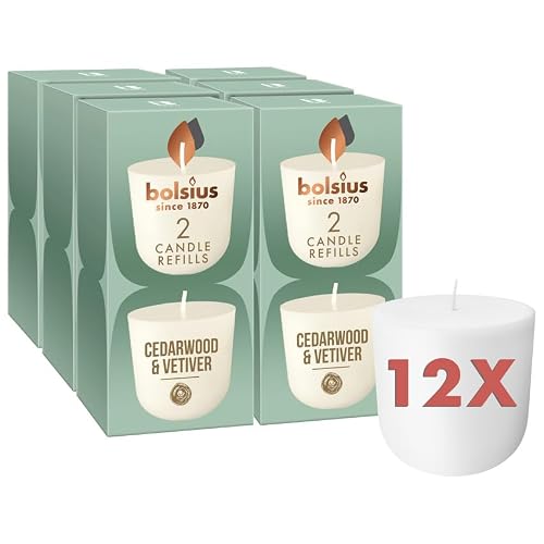 Bolsius - CleanLight Refill - Cedarwood & Vetiver - Refillable Candle - Pack of 12 - Refills Only - Contains Natural Plant Wax - No Palm Oil