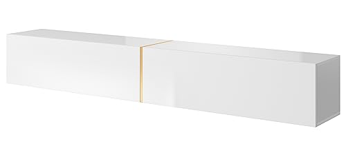 "SELSEY Bisira Wooden TV Cabinet 200 x 32 x 30 cm, Wall-Mounted White Matte & Gloss Finish with Gold Accent, Fits TVs Up to 75"", Durable & Stylish, Ample Storage, Ideal for Modern Living Rooms"
