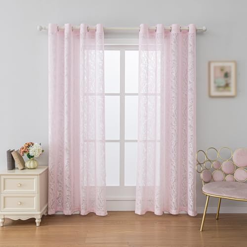 Anytime Pink Lace Sheer Curtain Panels for Living Room Elegant Window Treatment Sets Light Filtering Translucent Draperies for Office (2 Panels,W55 x L84inch)