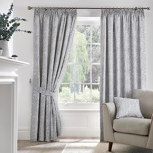 "Dreams & Drapes Grey Jacobean Curtains W66 x L90"" (168 x 229cm) - 2 Panels - 100% Cotton - 2 Tie Backs - Floral Pencil Pleat Drapes - Vintage Light Grey"