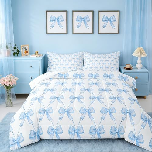Feelyou Blue Bow Comforter Set Full Size Cute Bowknot Bedding Set Boys Girls Kawaii Comforter for Kids Women Men Bow and Stripes Duvet Set 3Pcs