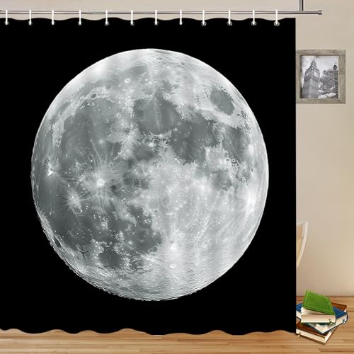 Yadshoti Lileihao Moon Shower Curtain Gray Planet Black Background Bathroom Decor Space Moon Shower Curtains Set Waterproof Polyester Fabric Machine Washable 69 x 70 Inch with Hooks