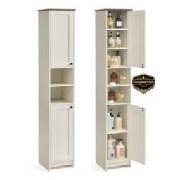 SONGMICS HOME Tall Bathroom Cabinet, Tool-Free Assembly, 30 x 30 x 170 cm - Narrow Storage Cupboard, Reversible Doors, Adjustable Shelves, Rustic White and Honey Brown, HOPU Collection BBC667WJ01